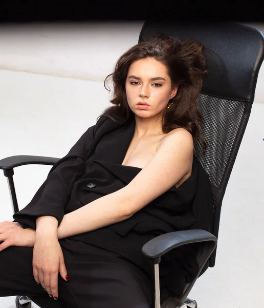 Young European Girl White Skin Office Black Chair — Zdjęcie stockowe