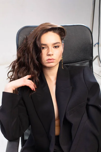 Young European Girl White Skin Office Black Suit — Zdjęcie stockowe