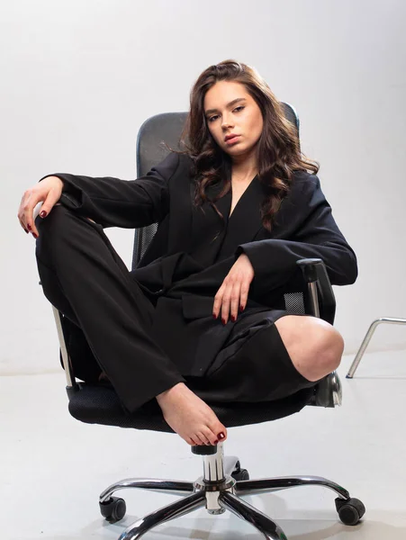 Sitting Young European Girl White Skin Office Chair Legs — ストック写真