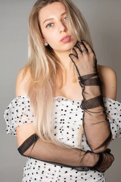 Young Woman Blond Hair White Skin Isolated Dark Grey Dressed — Photo