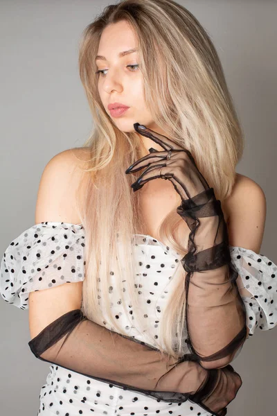 Young Woman Blond Hair White Skin Isolated Dark Grey Dressed — Zdjęcie stockowe