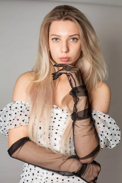 Looking Straight Young Woman Blond Hair White Skin Isolated Dark — 스톡 사진