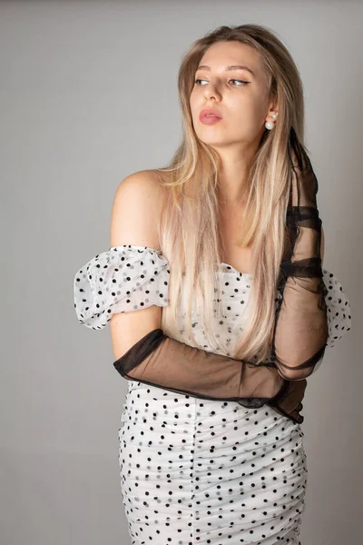 Young Woman Blond Hair White Skin Isolated Dark Grey — 스톡 사진