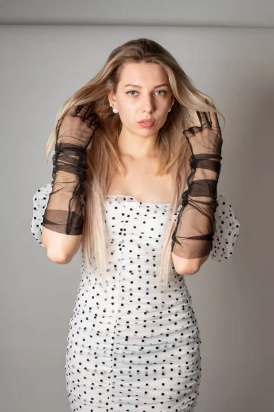 Young Woman Blond Hair White Skin Isolated Dark Grey White — 스톡 사진