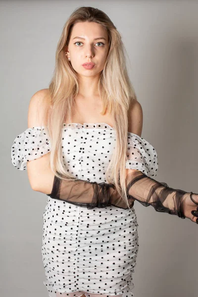 Young Woman Blond Hair White Skin Isolated Dark Grey Dressed — 图库照片