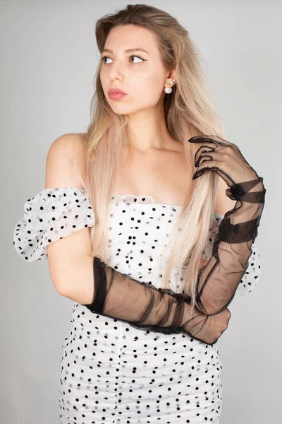 Young Woman Blond Hair White Skin Isolated Grey Dressed White — Stockfoto