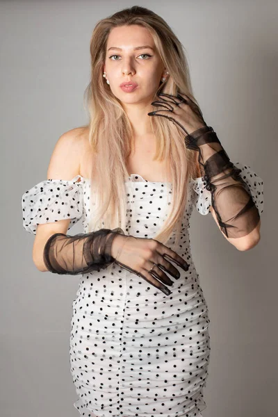 Young Woman Blond Hair White Skin Isolated Dark Grey Polka — стоковое фото