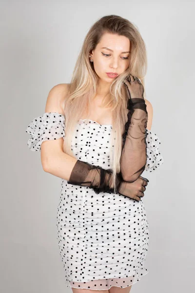 Young Woman Blond Hair White Skin Isolated Grey White Polka — 스톡 사진