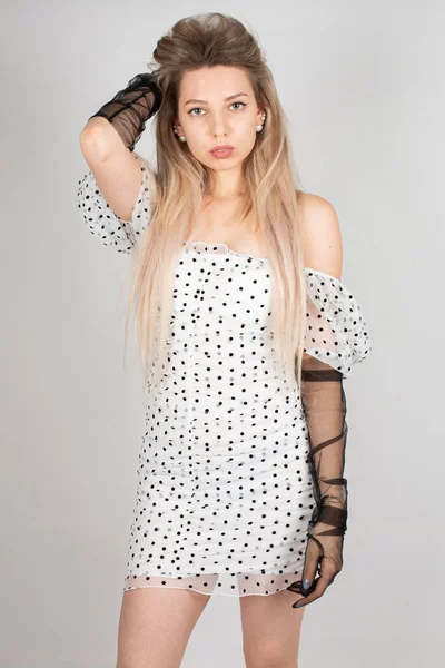 Young Woman Blond Hair White Skin Isolated Grey Black Gloves — 图库照片