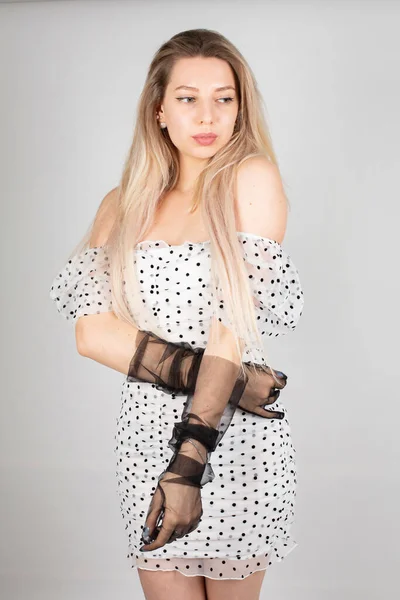 Standing Young Woman Blond Hair White Skin Isolated Grey Polka — ストック写真