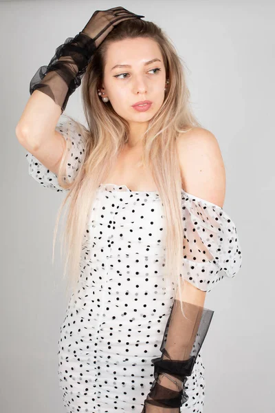 Young Woman Blond Hair White Skin Isolated Grey Polka Dot — 스톡 사진
