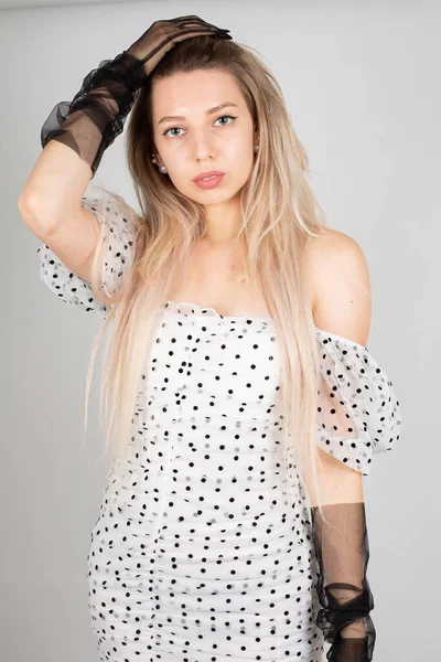 Young Woman Blond Hair White Skin Isolated Grey Polka Dot — 스톡 사진