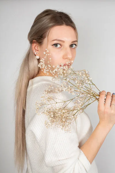 Tender Woman Long Hair White Skin Isolated Grey White Sweater — Fotografia de Stock