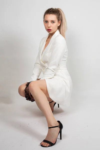 Woman Long Hair White Skin Isolated Grey Ponytail White Dress — Stockfoto