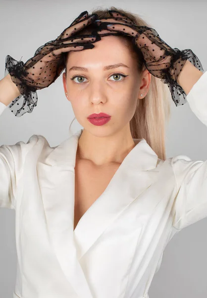 Woman Long Hair White Skin Isolated Grey Red Lips — Fotografia de Stock