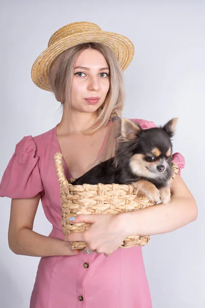 Woman Blonde Hair White Skin Isolated Grey Rose Dress Small — Stockfoto