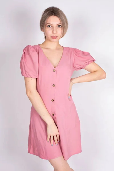Young European Woman White Skin Isolated Grey Pink Dress — Stock Fotó