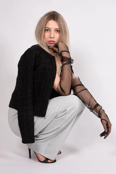 Young European Woman White Skin Isolated Grey Black Blazer — Stockfoto