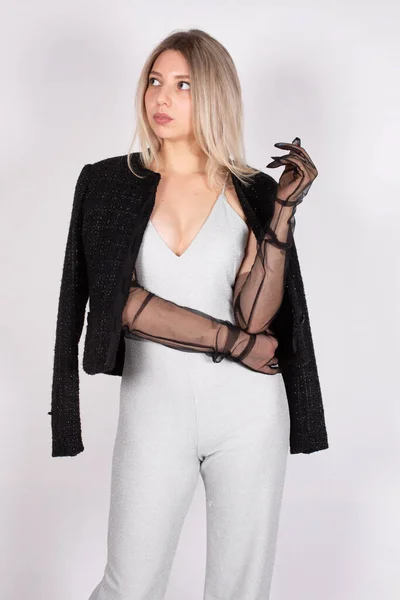 Young European Woman White Skin Isolated Grey Black Blazer Her — 스톡 사진