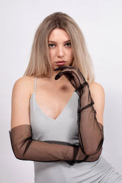 Portrait Young European Woman White Skin Isolated Grey Hand Face — Stockfoto