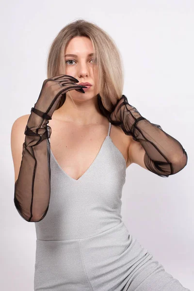 Blond Hair Young European Woman White Skin Isolated Grey Hand — 스톡 사진