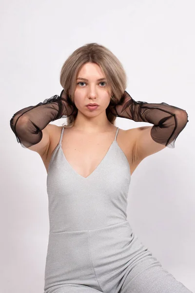 Blond Hair Young European Woman White Skin Isolated Grey Hands — ストック写真