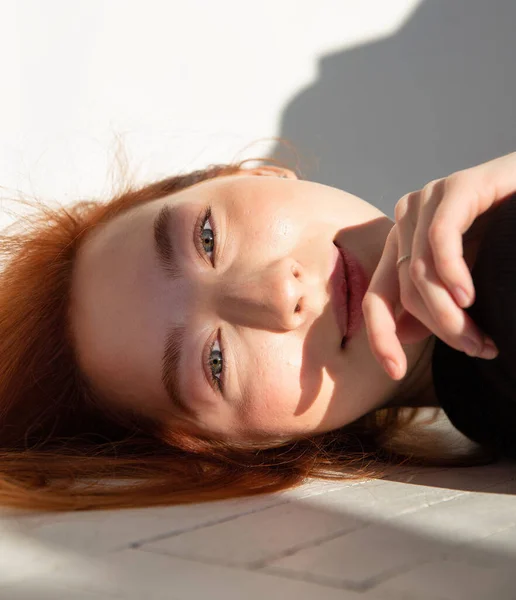 Young European Woman White Skin Floor Portrait Red Hair — Stock Fotó