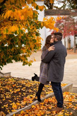 Sonbaharda parkta beyaz Avrupalı genç çifti öpüyor