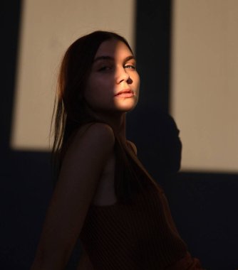 Gün batımında, koyu renk saçlı, beyaz tenli, koyu bej renkli, gölgeli bir kadın.