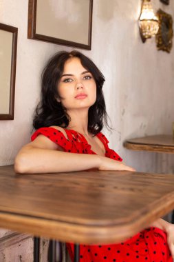 Siyah saçlı, beyaz tenli, arkasında resimleri olan genç bir kadın kırmızı elbiseli masada oturuyor.