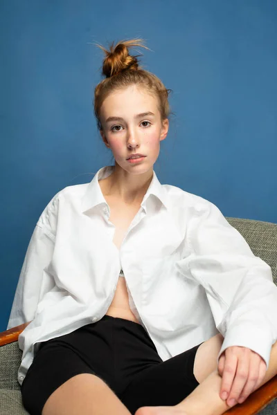 Sitting Girl Red Hair White Skin Isolated Blue Shirt — Stock Photo, Image