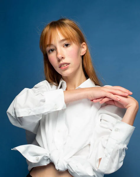 Young Girl Red Hair White Skin Isolated Blue White Shirt — Stock Photo, Image