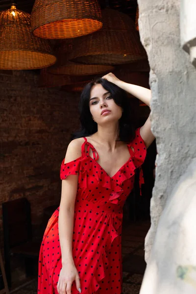 Mujer Joven Cabello Oscuro Con Piel Blanca Cerca Pared Vestido —  Fotos de Stock