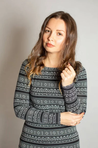 Portrait Young Woman Warm Striped Dress Standing Isolated Light Grey — Stock Photo, Image