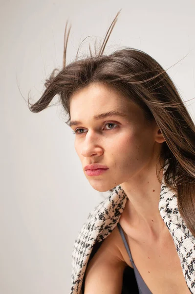 Young Slim Woman Flying Dark Hair Portrait — Stock Photo, Image