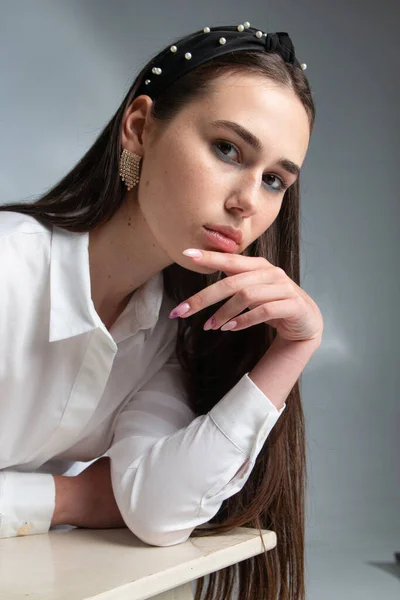 Portrait Young Woman Dark Hair White Long Sleeve Blouse Isolated — Stock Photo, Image