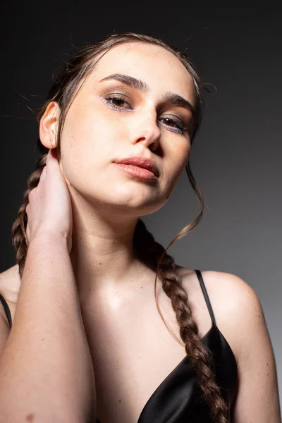 Portrait Dark Hair Young European Woman Two Braids Isolated Dark — Stock Photo, Image