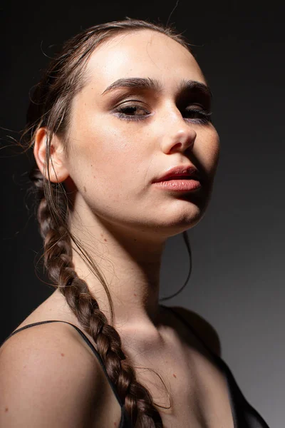 Portrait Dark Hair Young European Woman Two Braids Plump Lips — Stock Photo, Image