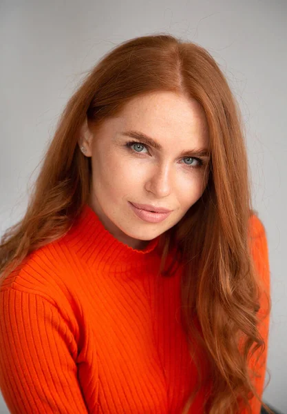 Portrait Woman Long Red Hair Orange Jumper Isolated Light Grey Stok Foto