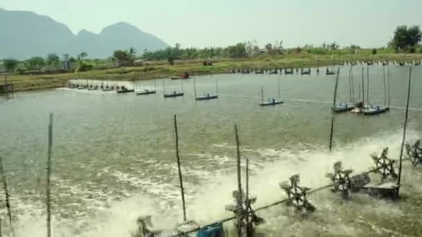 Водяные Турбины Вращающиеся Воды Увеличивают Кислород Ферме Креветок Чанг Провинция — стоковое видео