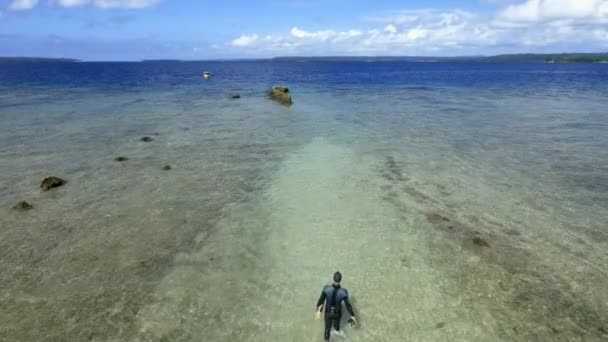 Vista Aérea Hombre Trajes Baño Buzo Está Caminando Playa Con — Vídeos de Stock
