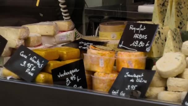 Diverse Bucăți Brânză Tocate Etichete Preț Vitrină Într Magazin Fereastră — Videoclip de stoc