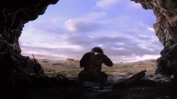 Primeval Caveman Comes Out His Cave Prehistoric Forest Find Something — Vídeo de Stock