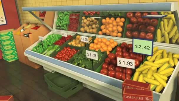 Super Market Background Scene Price Tag Vegetables Going Animation — Stock Video