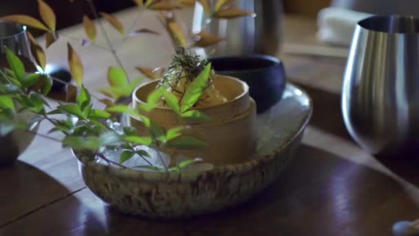 Närbild Kalla Ramen Nudlar Dekorera Med Bambu Blad Japansk Mat — Stockvideo