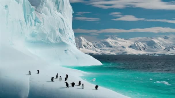 Aerial Snow Covered Landscape Snowy Mountains Icy Shores Penguins Antarctica — Vídeos de Stock