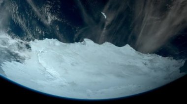 Antarktika, Güney Kutbu ve Dünya gezegenindeki Güney Georgia adası, dış uzaydan hava manzarası, 3D animasyon..