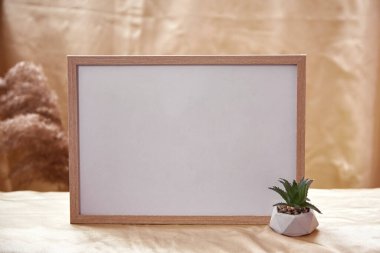 Minimalist bej maketi, ev bitkisi dekorasyonlu. Sıcak ev atmosferi modeli. Doğal bej arkaplan