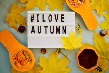 Sonbahar süslemeleri ve yemek arkaplanı. Sonbahara bayılırım hashtag 'i yaz. Turuncu çay fincanı, taze kabaklar, sarı yapraklar ve kestaneler. Üst Manzara. Yüksek kalite fotoğraf