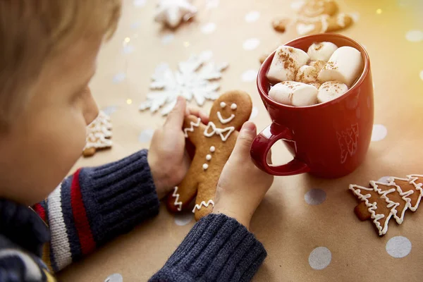 Child Holds Christmas Homemade Gingerbread Cookie Hot Drink Marsmallows Cozy — Stock Photo, Image